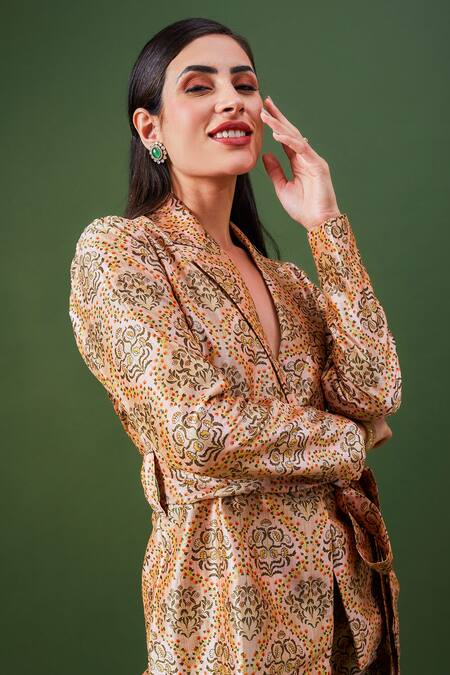 Buy_Fuga_Multi Color Maheshwari Taupe Floral Mandala Pattern Blazer And Pant Set_Online_at_Aza_Fashions