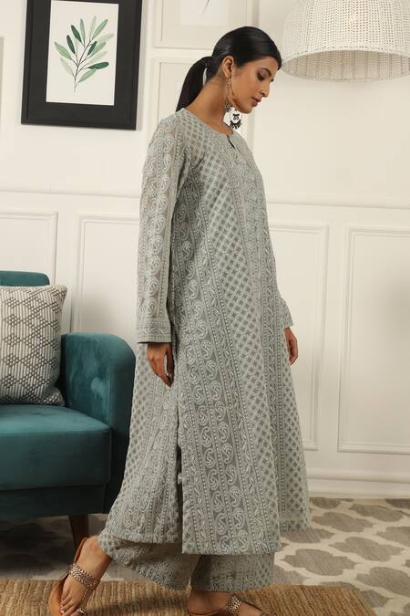 Gulabo Jaipur_Grey Batul Kurta And Pant Set_Online_at_Aza_Fashions