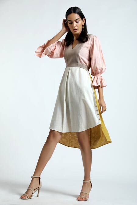 Madder Much_Multi Color Cotton Plain V Neck Batul Panelled Dress _Online_at_Aza_Fashions