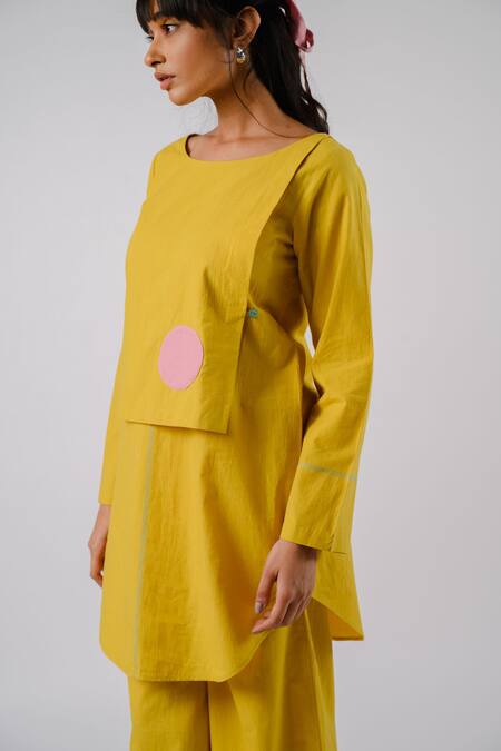 Shop Tussah By Siddhi Shah Yellow Cotton Threadwork Round Front Flap Tunic With Culottes Online at Aza Fashions Shop_Tussah By Siddhi Shah_Yellow Cotton Threadwork Round Front Flap Tunic With Culottes _Online_at_Aza_Fashions