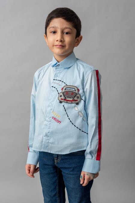 BA BA Baby Clothing CO_Blue Cotton Car Motif Bead And Thread Work Embroidered Shirt_Online_at_Aza_Fashions