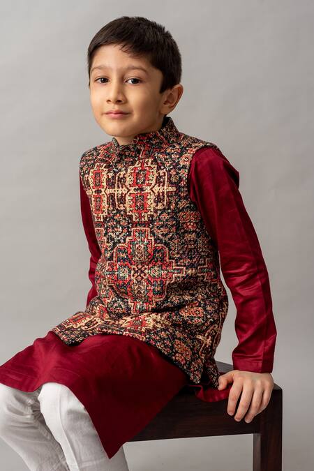 BA BA Baby Clothing CO_Multi Color Cotton Satin, Bundi Georgette Thread, Embroidered And Kurta Set_Online_at_Aza_Fashions