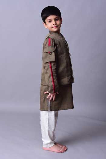 BA BA Baby Clothing CO_Green , Bundi Blend, Lining 100% Safari Kurta Set_Online_at_Aza_Fashions