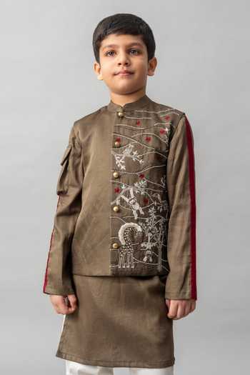 Buy_BA BA Baby Clothing CO_Green , Bundi Blend, Lining 100% Safari Kurta Set_Online_at_Aza_Fashions