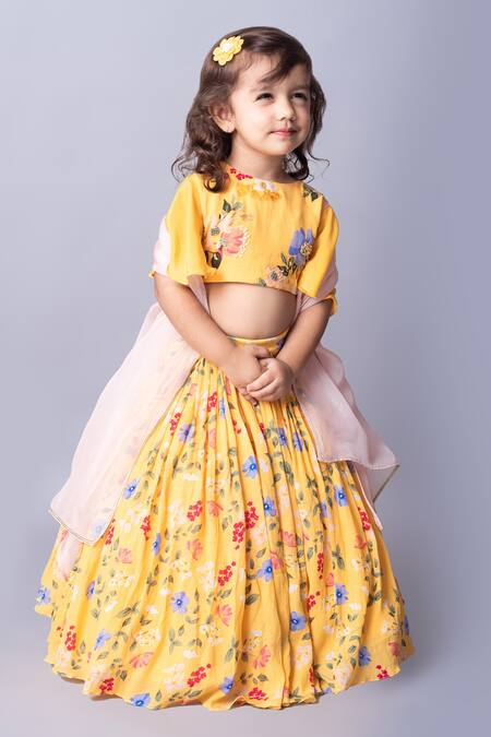 Buy Yellow Crepe Blend Printed And Embroidered Floral Sunshine Bloom Lehenga Set For Girls by Ba Ba Baby clothing co Online at Aza Fashions