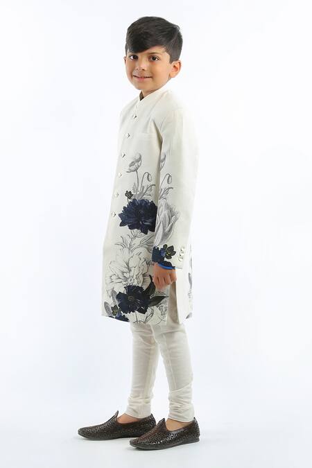 Bal Bachche By Rohit Bal_Ivory Matka Silk Printed Floral Sherwani_Online_at_Aza_Fashions