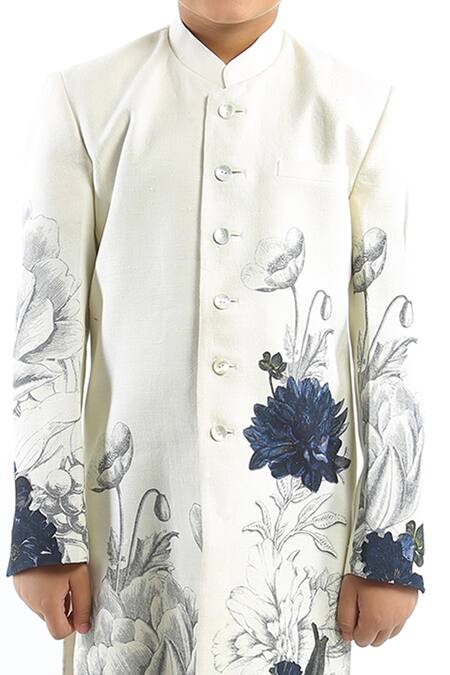 Buy_Bal Bachche By Rohit Bal_Ivory Matka Silk Printed Floral Sherwani_Online_at_Aza_Fashions