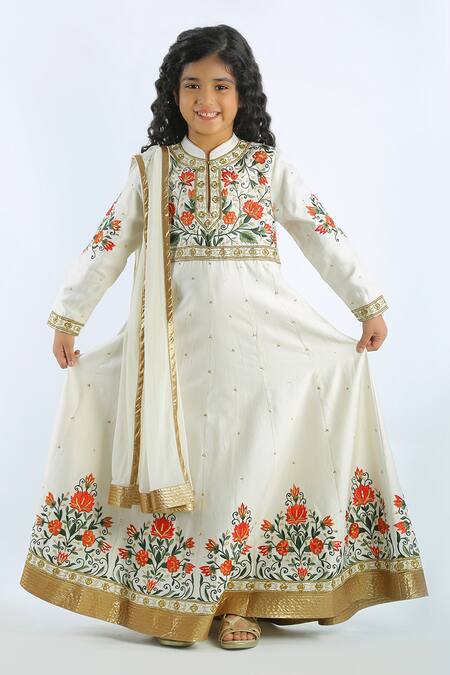 Bal Bachche By Rohit Bal Ivory Chanderi Embroidered Floral Anarkali With Dupatta