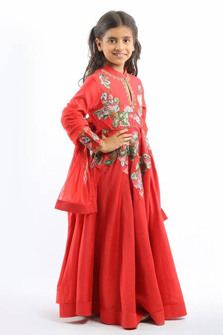Bal Bachche By Rohit Bal_Red Chanderi Embroidered Floral Anarkali With Dupatta_Online_at_Aza_Fashions