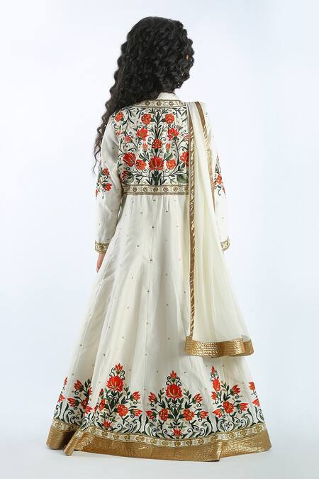 Shop Bal Bachche By Rohit Bal Ivory Chanderi Embroidered Floral Anarkali With Dupatta at Aza Fashions Shop_Bal Bachche By Rohit Bal_Ivory Chanderi Embroidered Floral Anarkali With Dupatta_at_Aza_Fashions
