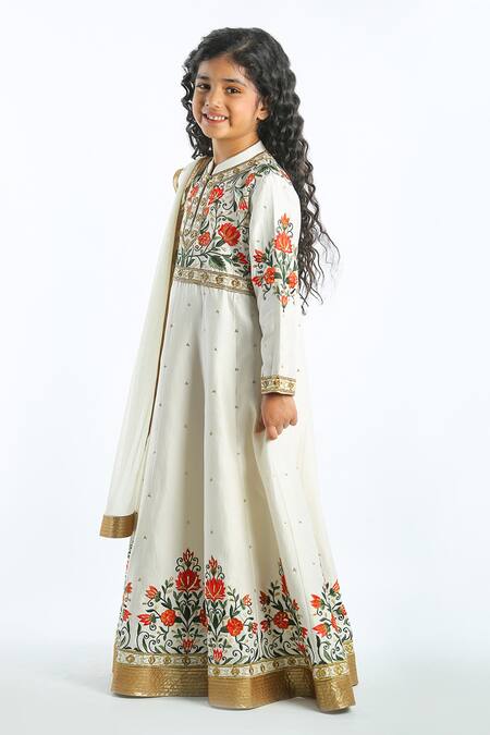 Bal Bachche By Rohit Bal Ivory Chanderi Embroidered Floral Anarkali With Dupatta Online at Aza Fashions Bal Bachche By Rohit Bal_Ivory Chanderi Embroidered Floral Anarkali With Dupatta_Online_at_Aza_Fashions