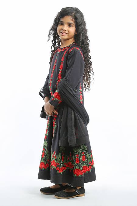 Bal Bachche By Rohit Bal_Black Chanderi Embroidered Floral Anarkali With Dupatta_Online_at_Aza_Fashions