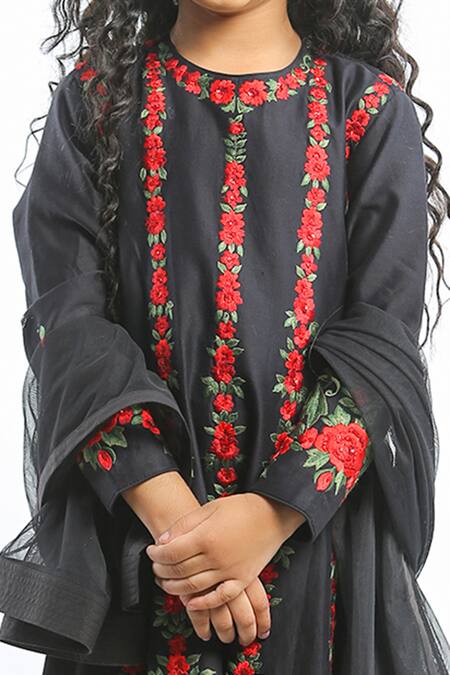 Buy_Bal Bachche By Rohit Bal_Black Chanderi Embroidered Floral Anarkali With Dupatta_Online_at_Aza_Fashions