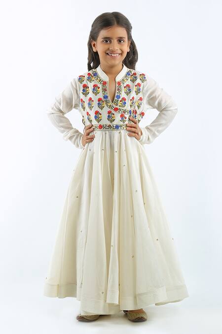 Bal Bachche By Rohit Bal Ivory Chanderi Embroidered Floral Angrakha With Dupatta