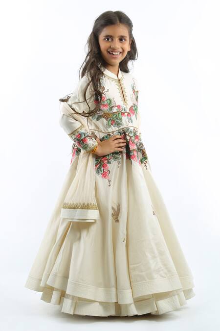 Bal Bachche By Rohit Bal Ivory Chanderi Embroidered Floral Anarkali With Dupatta Online at Aza Fashions Bal Bachche By Rohit Bal_Ivory Chanderi Embroidered Floral Anarkali With Dupatta_Online_at_Aza_Fashions