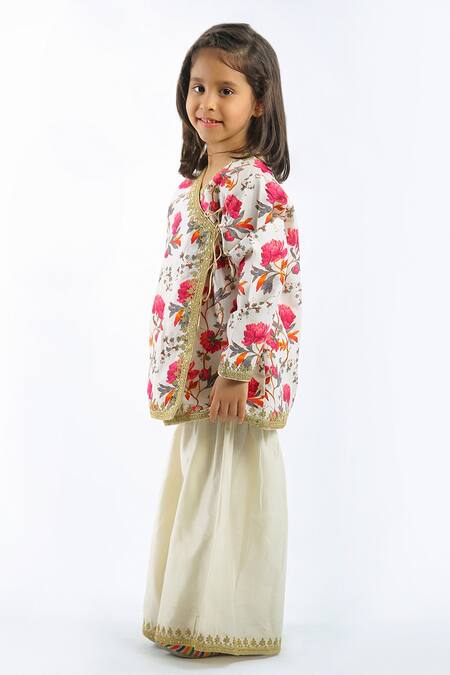 Bal Bachche By Rohit Bal_Ivory Chanderi Embroidered Floral Angrakha And Sharara Set_Online_at_Aza_Fashions