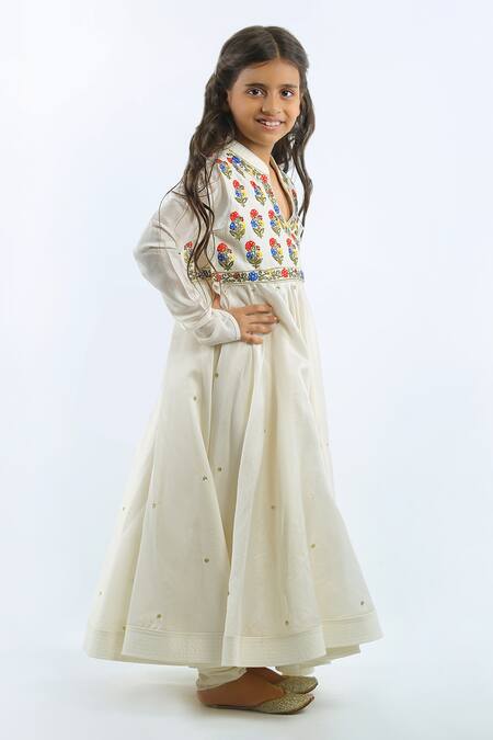 Bal Bachche By Rohit Bal_Ivory Chanderi Embroidered Floral Angrakha With Dupatta_Online_at_Aza_Fashions