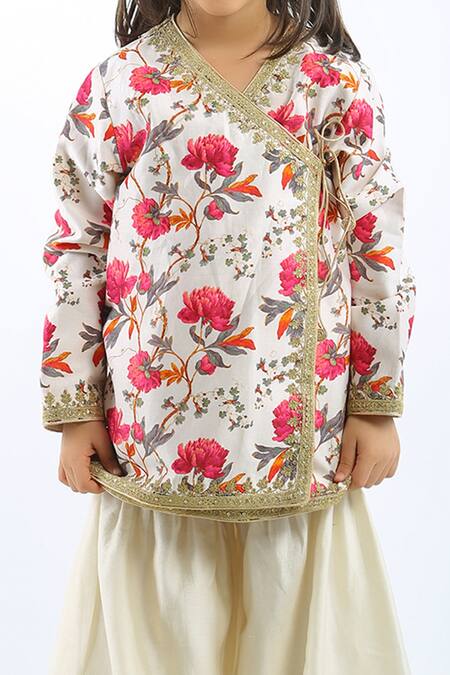 Buy_Bal Bachche By Rohit Bal_Ivory Chanderi Embroidered Floral Angrakha And Sharara Set_Online_at_Aza_Fashions