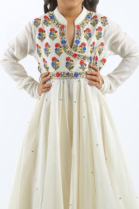 Buy_Bal Bachche By Rohit Bal_Ivory Chanderi Embroidered Floral Angrakha With Dupatta_Online_at_Aza_Fashions