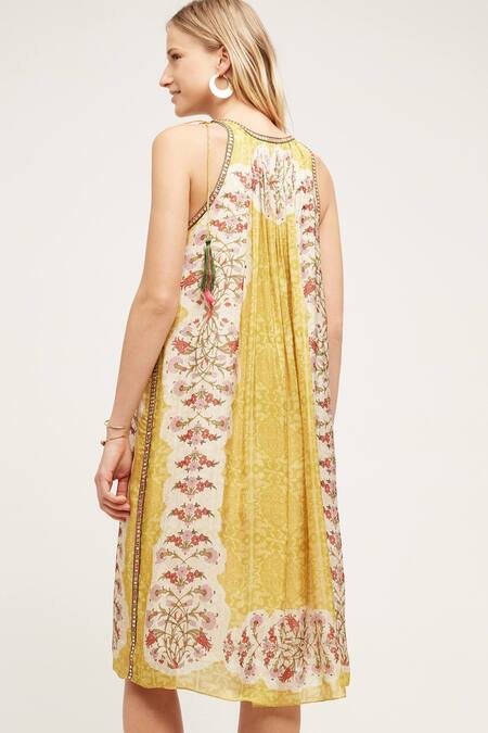 Shop Bhanuni By Jyoti Yellow Viscose Crepe Round Printed Halter Neck Dress at Aza Fashions Shop_Bhanuni By Jyoti_Yellow Viscose Crepe Round Printed Halter Neck Dress _at_Aza_Fashions