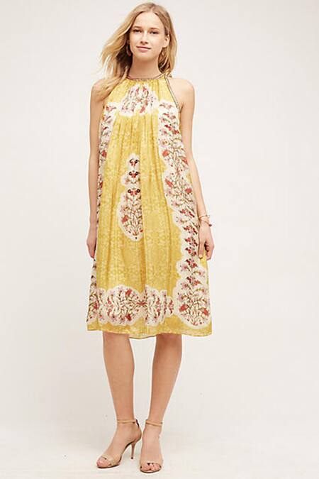 Bhanuni By Jyoti Yellow Viscose Crepe Round Printed Halter Neck Dress Online at Aza Fashions Bhanuni By Jyoti_Yellow Viscose Crepe Round Printed Halter Neck Dress _Online_at_Aza_Fashions
