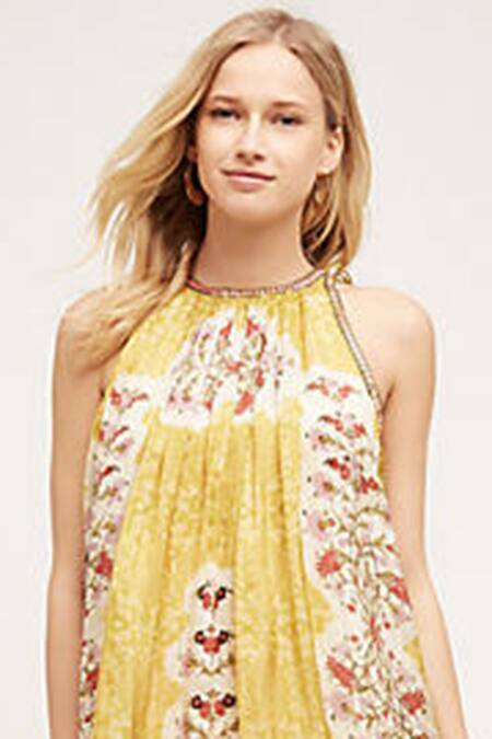 Shop Bhanuni By Jyoti Yellow Viscose Crepe Round Printed Halter Neck Dress Online at Aza Fashions Shop_Bhanuni By Jyoti_Yellow Viscose Crepe Round Printed Halter Neck Dress _Online_at_Aza_Fashions