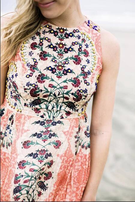 Shop_Bhanuni By Jyoti_Red Viscose Crepe Round Floral Printed Maxi Dress _Online_at_Aza_Fashions