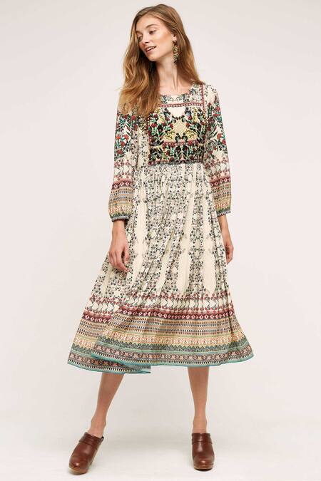 Bhanuni By Jyoti_White Viscose Crepe Round Floral Printed Midi Dress _Online_at_Aza_Fashions