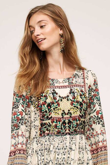 Buy_Bhanuni By Jyoti_White Viscose Crepe Round Floral Printed Midi Dress _Online_at_Aza_Fashions