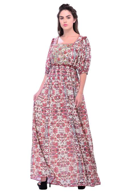 Shop_Bhanuni By Jyoti_White Viscose Crepe Square Neck Floral Printed Maxi Dress _Online_at_Aza_Fashions