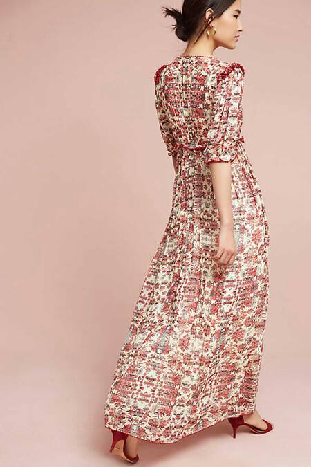 Shop_Bhanuni By Jyoti_White Viscose Crepe Square Neck Floral Printed Maxi Dress _at_Aza_Fashions