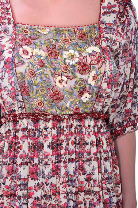 Buy_Bhanuni By Jyoti_White Viscose Crepe Square Neck Floral Printed Maxi Dress 