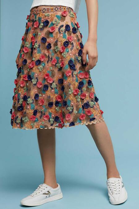 Bhanuni By Jyoti_Multi Color Mesh Embroidered Midi Skirt _Online_at_Aza_Fashions