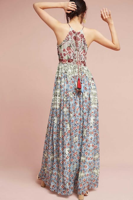 Shop Bhanuni By Jyoti Green Viscose Georgette Round Floral Printed Gown at Aza Fashions Shop_Bhanuni By Jyoti_Green Viscose Georgette Round Floral Printed Gown _at_Aza_Fashions
