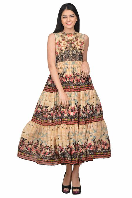 Buy Bhanuni By Jyoti Beige Viscose Crepe Round Floral Printed Gown Online at Aza Fashions Buy_Bhanuni By Jyoti_Beige Viscose Crepe Round Floral Printed Gown _Online_at_Aza_Fashions