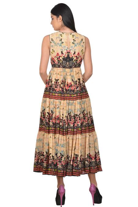 Bhanuni By Jyoti Beige Viscose Crepe Round Floral Printed Gown Online at Aza Fashions Bhanuni By Jyoti_Beige Viscose Crepe Round Floral Printed Gown _Online_at_Aza_Fashions