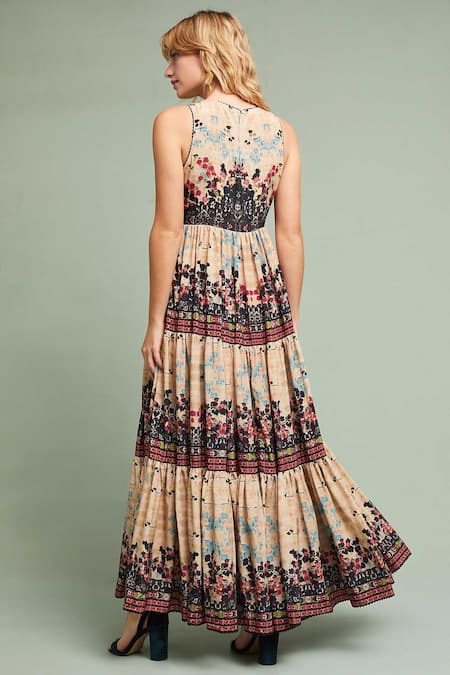 Shop Bhanuni By Jyoti Beige Viscose Crepe Round Floral Printed Gown at Aza Fashions Shop_Bhanuni By Jyoti_Beige Viscose Crepe Round Floral Printed Gown _at_Aza_Fashions