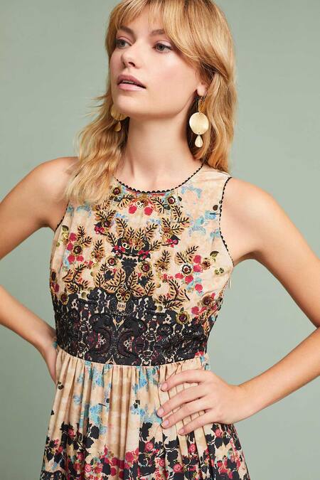 Shop Bhanuni By Jyoti Beige Viscose Crepe Round Floral Printed Gown Online at Aza Fashions Shop_Bhanuni By Jyoti_Beige Viscose Crepe Round Floral Printed Gown _Online_at_Aza_Fashions