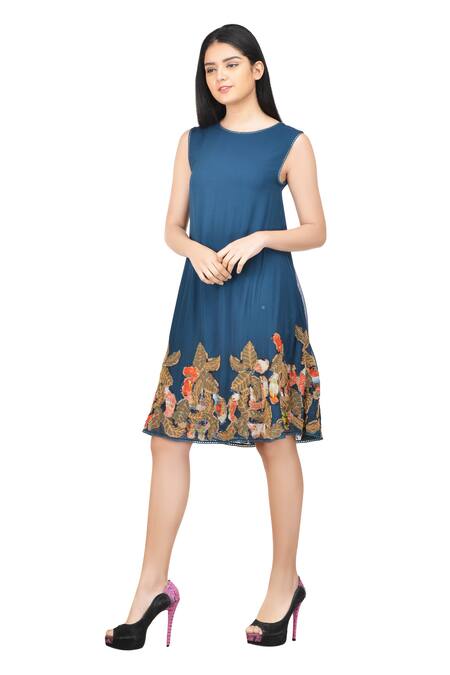Buy Bhanuni By Jyoti Blue Viscose Georgette Round Embroidered Dress Online at Aza Fashions Buy_Bhanuni By Jyoti_Blue Viscose Georgette Round Embroidered Dress _Online_at_Aza_Fashions