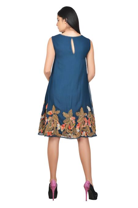 Shop Bhanuni By Jyoti Blue Viscose Georgette Round Embroidered Dress Online at Aza Fashions Shop_Bhanuni By Jyoti_Blue Viscose Georgette Round Embroidered Dress _Online_at_Aza_Fashions