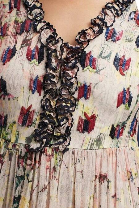 Bhanuni By Jyoti Beige Georgette V Neck Floral Printed Gown Online at Aza Fashions Bhanuni By Jyoti_Beige Georgette V Neck Floral Printed Gown _Online_at_Aza_Fashions