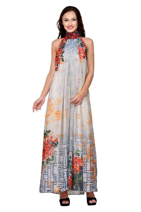Buy Bhanuni By Jyoti Blue Viscose Crepe Band Collar Printed Halter Neck Dress Online at Aza Fashions Buy_Bhanuni By Jyoti_Blue Viscose Crepe Band Collar Printed Halter Neck Dress _Online_at_Aza_Fashions