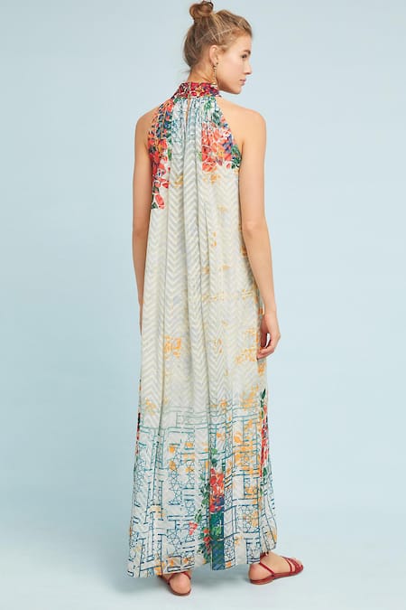 Shop Bhanuni By Jyoti Blue Viscose Crepe Band Collar Printed Halter Neck Dress at Aza Fashions Shop_Bhanuni By Jyoti_Blue Viscose Crepe Band Collar Printed Halter Neck Dress _at_Aza_Fashions
