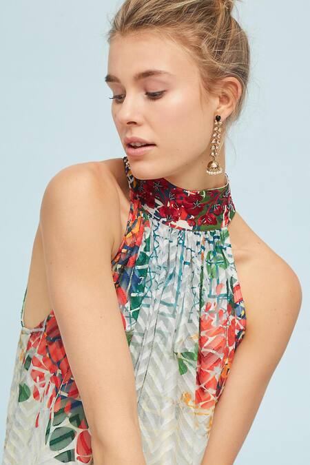 Bhanuni By Jyoti Blue Viscose Crepe Band Collar Printed Halter Neck Dress Online at Aza Fashions Bhanuni By Jyoti_Blue Viscose Crepe Band Collar Printed Halter Neck Dress _Online_at_Aza_Fashions