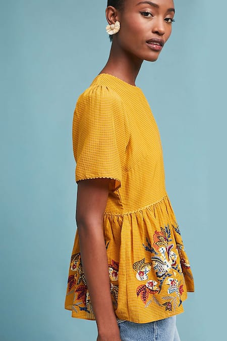 Shop Bhanuni By Jyoti Yellow Top Viscose Inner Rayon Top Round Inner Scoop Embroidered Peplum Online at Aza Fashions Shop_Bhanuni By Jyoti_Yellow Top Viscose Inner Rayon Top Round Inner Scoop Embroidered Peplum _Online_at_Aza_Fashions