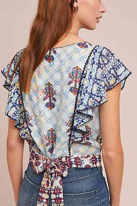 Shop Bhanuni By Jyoti Blue Polyester Round Printed Top at Aza Fashions Shop_Bhanuni By Jyoti_Blue Polyester Round Printed Top _at_Aza_Fashions