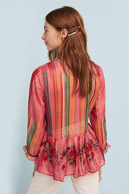 Shop Bhanuni By Jyoti Red Polyester V Neck Checkered Peplum Top at Aza Fashions Shop_Bhanuni By Jyoti_Red Polyester V Neck Checkered Peplum Top _at_Aza_Fashions