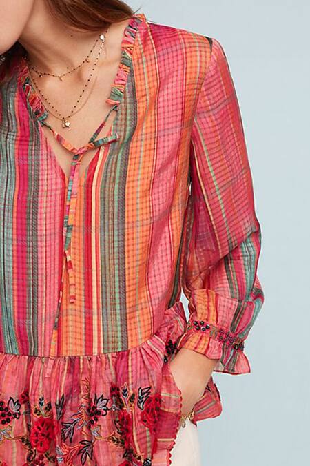 Bhanuni By Jyoti Red Polyester V Neck Checkered Peplum Top Online at Aza Fashions Bhanuni By Jyoti_Red Polyester V Neck Checkered Peplum Top _Online_at_Aza_Fashions