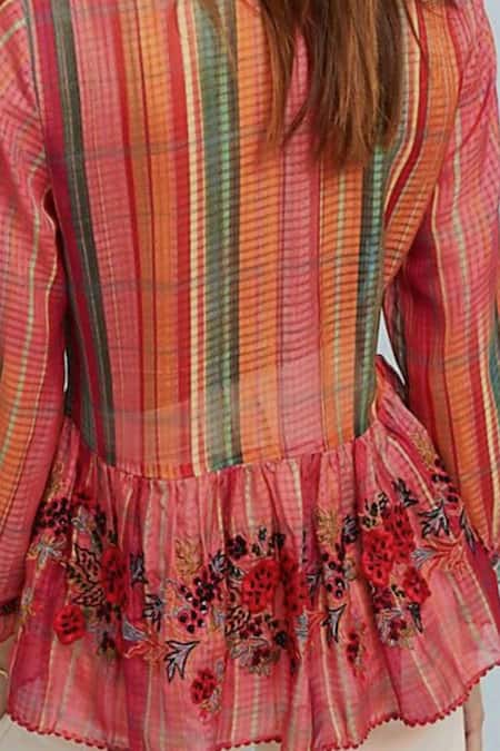 Buy Bhanuni By Jyoti Red Polyester V Neck Checkered Peplum Top Online at Aza Fashions Buy_Bhanuni By Jyoti_Red Polyester V Neck Checkered Peplum Top _Online_at_Aza_Fashions