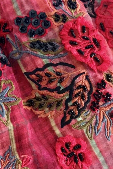 Shop Bhanuni By Jyoti Red Polyester V Neck Checkered Peplum Top Online at Aza Fashions Shop_Bhanuni By Jyoti_Red Polyester V Neck Checkered Peplum Top _Online_at_Aza_Fashions